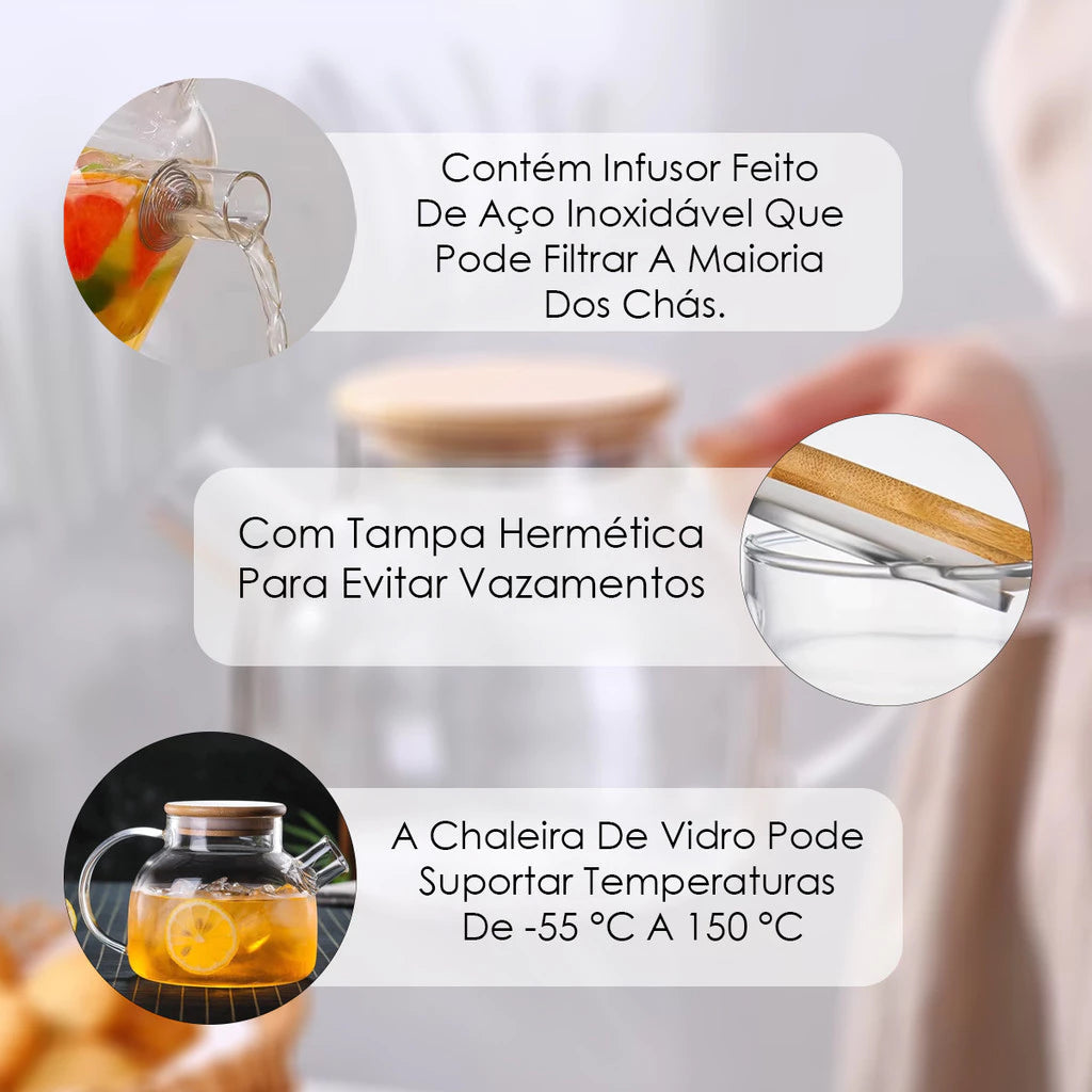 Chaleira Vidro com Infusor + Tampa de Bambu